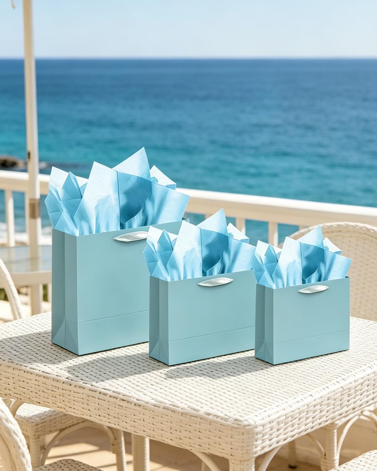 qiqee 10PCS Lake Blue Gift Bags with Ribbon Handles Mulit Assorted Sizes Gift Wide Bags (2pcs Large 13, 4pcs Medium 9.6, 4pcs Small 6.3,Tissue Paper)